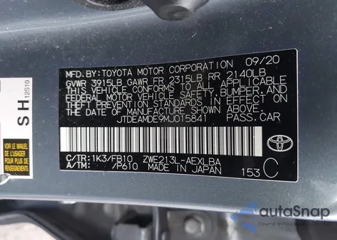 2021 Toyota Corolla Hybrid Le from USA, damaged, VIN JTDEAMDE9MJ015841